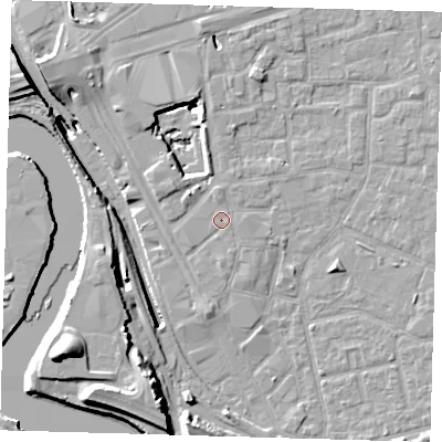 Shaded relief map of the ground around E161HU, computed from Environment Agency LiDAR. The ground here sits at about 2 m above sea level and falls 20 m across the surrounding 800 m. Surface water reaching this point runs off ground lying to the south, 1.1 m higher.