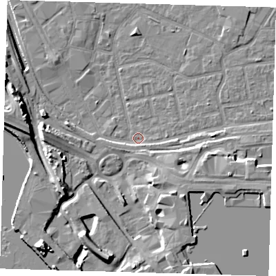 Shaded relief map of the ground around E161HW, computed from Environment Agency LiDAR. The ground here sits at about 1 m above sea level and falls 15 m across the surrounding 800 m. Surface water reaching this point runs off ground lying to the south-south-east, 1.7 m higher.