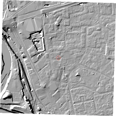 Shaded relief map of the ground around E161HZ, computed from Environment Agency LiDAR. The ground here sits at about 2 m above sea level and falls 20 m across the surrounding 800 m. Surface water reaching this point runs off ground lying to the west, 1.3 m higher.