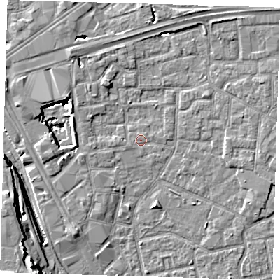Shaded relief map of the ground around E161JA, computed from Environment Agency LiDAR. The ground here sits at about 1 m above sea level and falls 14 m across the surrounding 800 m. Surface water reaching this point runs off ground lying to the west-south-west, 0.6 m higher.