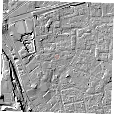 Shaded relief map of the ground around E161JB, computed from Environment Agency LiDAR. The ground here sits at about 1 m above sea level and falls 16 m across the surrounding 800 m. Surface water reaching this point runs off ground lying to the west, 1.3 m higher.