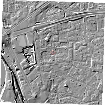 Shaded relief map of the ground around E161JD, computed from Environment Agency LiDAR. The ground here sits at about 1 m above sea level and falls 14 m across the surrounding 800 m. Surface water reaching this point runs off ground lying to the west-north-west, 8.1 m higher.