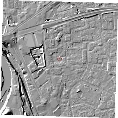 Shaded relief map of the ground around E161JE, computed from Environment Agency LiDAR. The ground here sits at about 1 m above sea level and falls 20 m across the surrounding 800 m. Surface water reaching this point runs off ground lying to the north-west, 8.1 m higher.