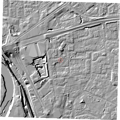 Shaded relief map of the ground around E161JF, computed from Environment Agency LiDAR. The ground here sits at about 2 m above sea level and falls 13 m across the surrounding 800 m. Surface water reaching this point runs off ground lying to the north, 1.3 m higher.