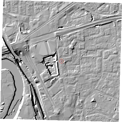 Shaded relief map of the ground around E161JJ, computed from Environment Agency LiDAR. The ground here sits at about 2 m above sea level and falls 15 m across the surrounding 800 m. Surface water reaching this point runs off ground lying to the north-west, 8.1 m higher.