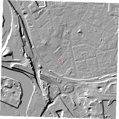 Shaded relief map of the ground around E161JL, computed from Environment Agency LiDAR. The ground here sits at about 1 m above sea level and falls 18 m across the surrounding 800 m. Surface water reaching this point runs off ground lying to the west-south-west, 4.2 m higher.