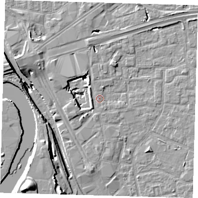 Shaded relief map of the ground around E161JQ, computed from Environment Agency LiDAR. The ground here sits at about 2 m above sea level and falls 20 m across the surrounding 800 m. Surface water reaching this point runs off ground lying to the north-north-west, 8.1 m higher.
