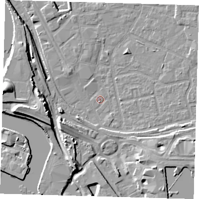 Shaded relief map of the ground around E161JS, computed from Environment Agency LiDAR. The ground here sits at about 1 m above sea level and falls 18 m across the surrounding 800 m. Surface water reaching this point runs off ground lying to the south-east, 5.0 m higher.
