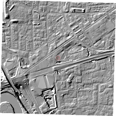 Shaded relief map of the ground around E161JW, computed from Environment Agency LiDAR. The ground here sits at about 2 m above sea level and falls 15 m across the surrounding 800 m. Surface water reaching this point runs off ground lying to the west-south-west, 8.4 m higher.