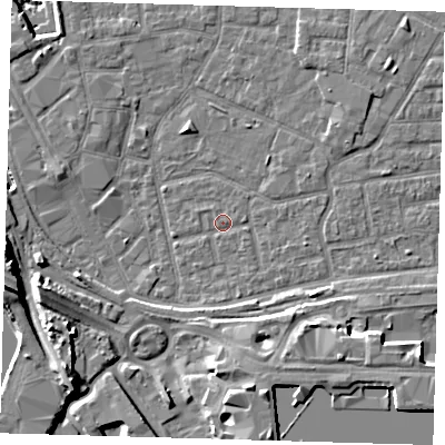 Shaded relief map of the ground around E161LA, computed from Environment Agency LiDAR. The ground here sits at about 1 m above sea level and falls 12 m across the surrounding 800 m. Surface water reaching this point runs off ground lying to the south-east, 5.6 m higher.