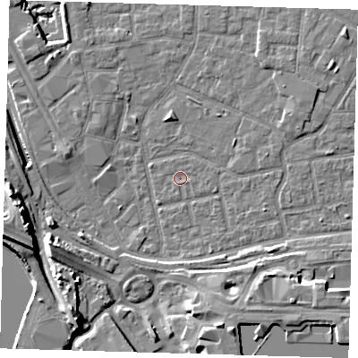 Shaded relief map of the ground around E161LB, computed from Environment Agency LiDAR. The ground here sits at about 1 m above sea level and falls 12 m across the surrounding 800 m. Surface water reaching this point runs off ground lying to the south-east, 5.6 m higher.