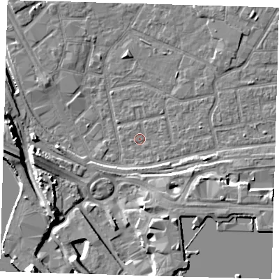 Shaded relief map of the ground around E161LD, computed from Environment Agency LiDAR. The ground here sits at about 1 m above sea level and falls 15 m across the surrounding 800 m. Surface water reaching this point runs off ground lying to the south-east, 5.4 m higher.