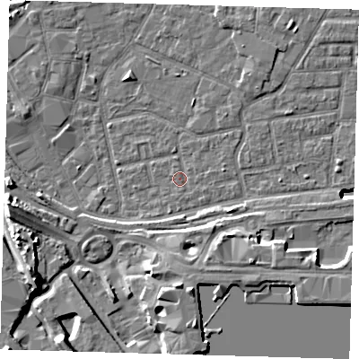 Shaded relief map of the ground around E161LE, computed from Environment Agency LiDAR. The ground here sits at about 1 m above sea level and falls 13 m across the surrounding 800 m. Surface water reaching this point runs off ground lying to the east-south-east, 0.6 m higher.