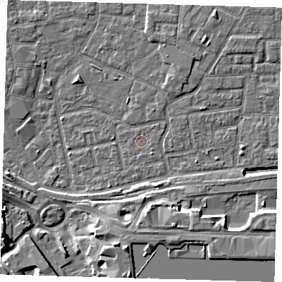 Shaded relief map of the ground around E161LF, computed from Environment Agency LiDAR. The ground here sits at about 1 m above sea level and falls 12 m across the surrounding 800 m. Surface water reaching this point runs off ground lying to the south-east, 0.8 m higher.