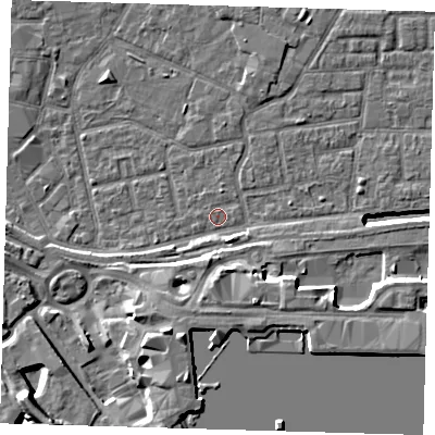 Shaded relief map of the ground around E161LG, computed from Environment Agency LiDAR. The ground here sits at about 1 m above sea level and falls 13 m across the surrounding 800 m. Surface water reaching this point runs off ground lying to the south-east, 5.3 m higher.
