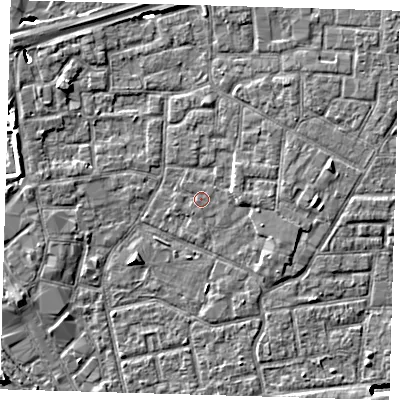 Shaded relief map of the ground around E161LH, computed from Environment Agency LiDAR. The ground here sits at about 1 m above sea level and falls 9 m across the surrounding 800 m. The ground contributing surface water to this point lies to the south-south-west.