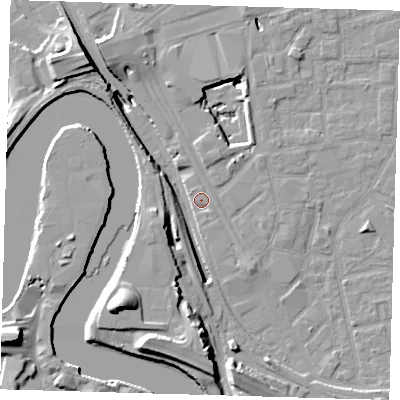 Shaded relief map of the ground around E161LL, computed from Environment Agency LiDAR. The ground here sits at about 2 m above sea level and falls 20 m across the surrounding 800 m. Surface water reaching this point runs off ground lying to the south-west, 10.1 m higher.