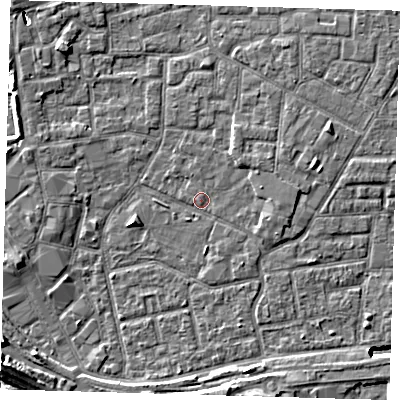 Shaded relief map of the ground around E161LN, computed from Environment Agency LiDAR. The ground here sits at about 2 m above sea level and falls 12 m across the surrounding 800 m. Surface water reaching this point runs off ground lying to the east, 1.5 m higher.