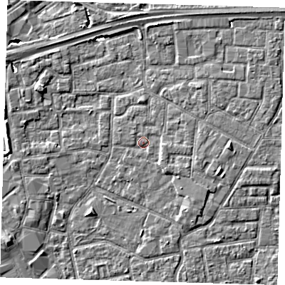 Shaded relief map of the ground around E161LP, computed from Environment Agency LiDAR. The ground here sits at about 1 m above sea level and falls 5 m across the surrounding 800 m. Surface water reaching this point runs off ground lying to the south-east, 1.5 m higher.