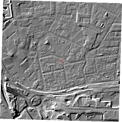 Shaded relief map of the ground around E161LQ, computed from Environment Agency LiDAR. The ground here sits at about 1 m above sea level and falls 12 m across the surrounding 800 m. Surface water reaching this point runs off ground lying to the south-east, 5.6 m higher.