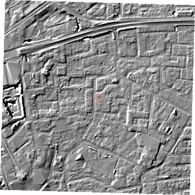 Shaded relief map of the ground around E161LR, computed from Environment Agency LiDAR. The ground here sits at about 1 m above sea level and falls 8 m across the surrounding 800 m. Surface water reaching this point runs off ground lying to the west, 5.6 m higher.