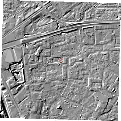 Shaded relief map of the ground around E161LS, computed from Environment Agency LiDAR. The ground here sits at about 1 m above sea level and falls 11 m across the surrounding 800 m. Surface water reaching this point runs off ground lying to the west, 8.1 m higher.