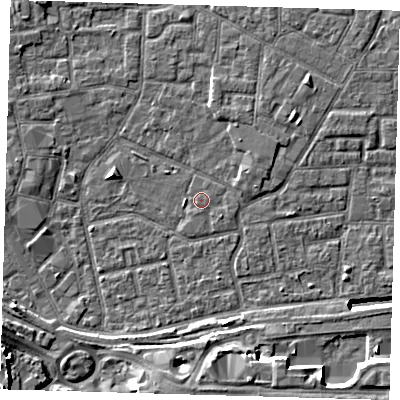 Shaded relief map of the ground around E161LT, computed from Environment Agency LiDAR. The ground here sits at about 2 m above sea level and falls 12 m across the surrounding 800 m. Surface water reaching this point runs off ground lying to the east-north-east, 1.2 m higher.