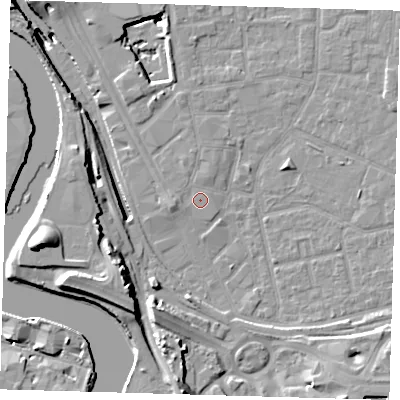 Shaded relief map of the ground around E161LU, computed from Environment Agency LiDAR. The ground here sits at about 2 m above sea level and falls 20 m across the surrounding 800 m. Surface water reaching this point runs off ground lying to the west, 1.5 m higher.