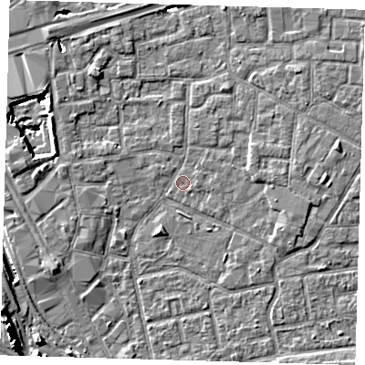Shaded relief map of the ground around E161LW, computed from Environment Agency LiDAR. The ground here sits at about 1 m above sea level and falls 14 m across the surrounding 800 m. Surface water reaching this point runs off ground lying to the south-east, 0.6 m higher.