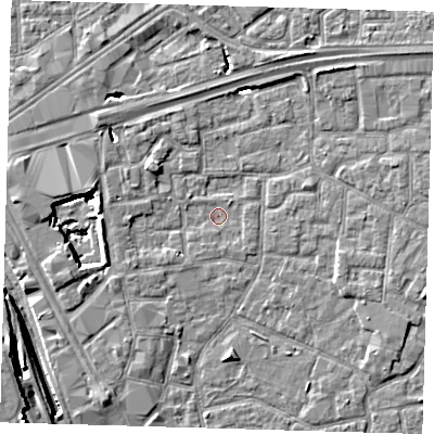 Shaded relief map of the ground around E161LX, computed from Environment Agency LiDAR. The ground here sits at about 1 m above sea level and falls 13 m across the surrounding 800 m. Surface water reaching this point runs off ground lying to the west-north-west, 8.1 m higher.