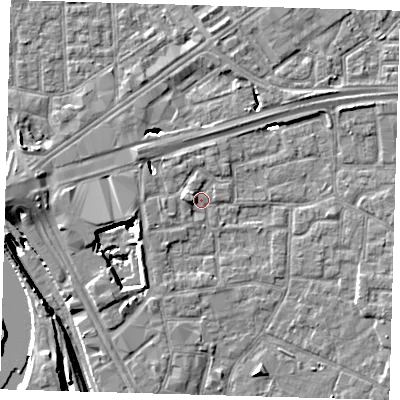 Shaded relief map of the ground around E161LZ, computed from Environment Agency LiDAR. The ground here sits at about 1 m above sea level and falls 13 m across the surrounding 800 m. Surface water reaching this point runs off ground lying to the west, 2.1 m higher.
