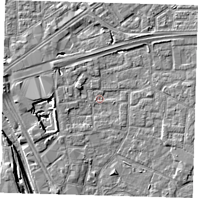 Shaded relief map of the ground around E161NA, computed from Environment Agency LiDAR. The ground here sits at about 1 m above sea level and falls 12 m across the surrounding 800 m. Surface water reaching this point runs off ground lying to the west, 8.1 m higher.