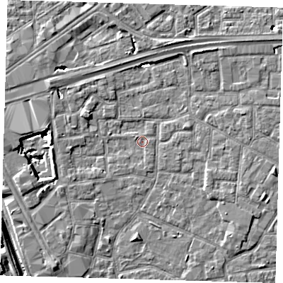 Shaded relief map of the ground around E161NB, computed from Environment Agency LiDAR. The ground here sits at about 1 m above sea level and falls 11 m across the surrounding 800 m. Surface water reaching this point runs off ground lying to the west, 8.1 m higher.