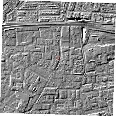 Shaded relief map of the ground around E161ND, computed from Environment Agency LiDAR. The ground here sits at about 2 m above sea level and falls 10 m across the surrounding 800 m. Surface water reaching this point runs off ground lying to the east, 0.9 m higher.