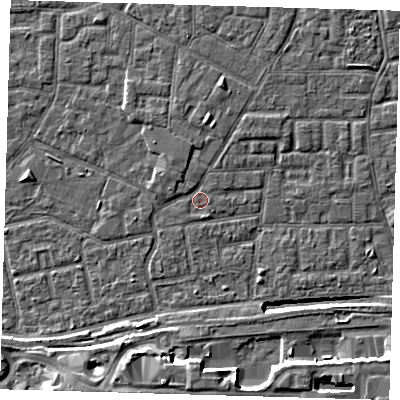 Shaded relief map of the ground around E161NE, computed from Environment Agency LiDAR. The ground here sits at about 2 m above sea level and falls 11 m across the surrounding 800 m. Surface water reaching this point runs off ground lying to the north, 1.8 m higher.