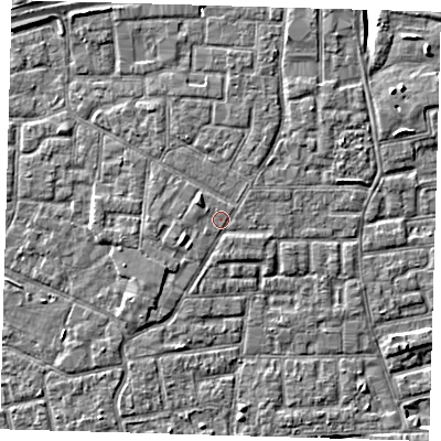 Shaded relief map of the ground around E161NF, computed from Environment Agency LiDAR. The ground here sits at about 2 m above sea level and falls 8 m across the surrounding 800 m. Surface water reaching this point runs off ground lying to the west-north-west, 0.8 m higher.