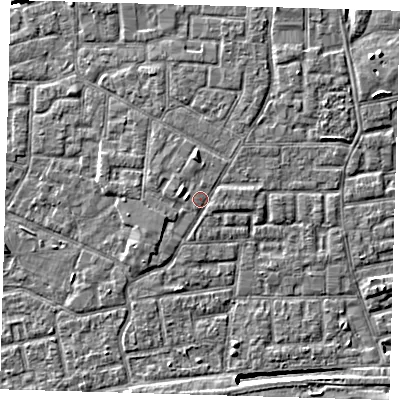 Shaded relief map of the ground around E161NG, computed from Environment Agency LiDAR. The ground here sits at about 2 m above sea level and falls 8 m across the surrounding 800 m. Surface water reaching this point runs off ground lying to the east, 0.8 m higher.
