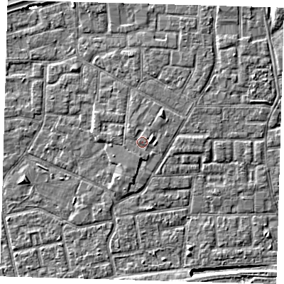 Shaded relief map of the ground around E161NJ, computed from Environment Agency LiDAR. The ground here sits at about 2 m above sea level and falls 7 m across the surrounding 800 m. Surface water reaching this point runs off ground lying to the south, 0.9 m higher.