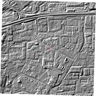Shaded relief map of the ground around E161NL, computed from Environment Agency LiDAR. The ground here sits at about 2 m above sea level and falls 6 m across the surrounding 800 m. Surface water reaching this point runs off ground lying to the east-south-east, 1.8 m higher.