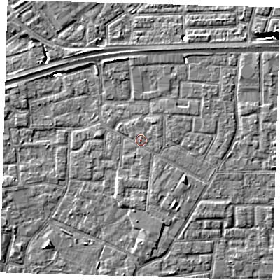 Shaded relief map of the ground around E161NP, computed from Environment Agency LiDAR. The ground here sits at about 2 m above sea level and falls 8 m across the surrounding 800 m. Surface water reaching this point runs off ground lying to the south-east, 1.7 m higher.