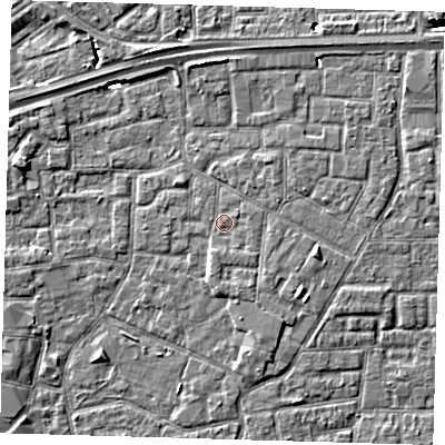 Shaded relief map of the ground around E161NR, computed from Environment Agency LiDAR. The ground here sits at about 2 m above sea level and falls 5 m across the surrounding 800 m. Surface water reaching this point runs off ground lying to the south-south-west, 0.9 m higher.