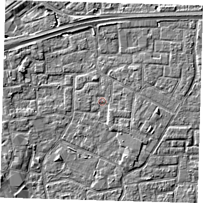 Shaded relief map of the ground around E161NS, computed from Environment Agency LiDAR. The ground here sits at about 1 m above sea level and falls 5 m across the surrounding 800 m. Surface water reaching this point runs off ground lying to the south-south-east, 1.4 m higher.
