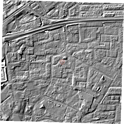 Shaded relief map of the ground around E161NT, computed from Environment Agency LiDAR. The ground here sits at about 1 m above sea level and falls 8 m across the surrounding 800 m. Surface water reaching this point runs off ground lying to the west, 5.4 m higher.