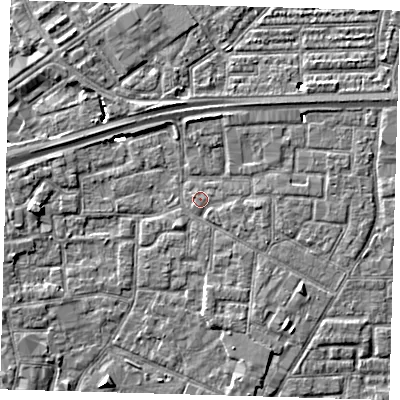 Shaded relief map of the ground around E161NU, computed from Environment Agency LiDAR. The ground here sits at about 1 m above sea level and falls 5 m across the surrounding 800 m. Surface water reaching this point runs off ground lying to the east, 1.2 m higher.