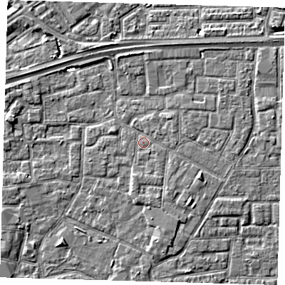 Shaded relief map of the ground around E161NW, computed from Environment Agency LiDAR. The ground here sits at about 2 m above sea level and falls 5 m across the surrounding 800 m. Surface water reaching this point runs off ground lying to the east-south-east, 1.9 m higher.