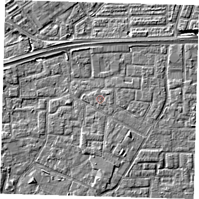 Shaded relief map of the ground around E161NX, computed from Environment Agency LiDAR. The ground here sits at about 2 m above sea level and falls 9 m across the surrounding 800 m. Surface water reaching this point runs off ground lying to the east-north-east, 0.9 m higher.