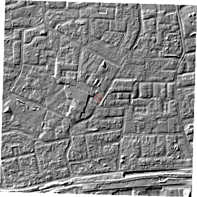 Shaded relief map of the ground around E161NZ, computed from Environment Agency LiDAR. The ground here sits at about 2 m above sea level and falls 9 m across the surrounding 800 m. Surface water reaching this point runs off ground lying to the north, 1.2 m higher.