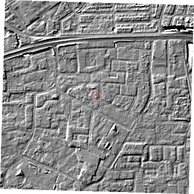 Shaded relief map of the ground around E161PA, computed from Environment Agency LiDAR. The ground here sits at about 2 m above sea level and falls 10 m across the surrounding 800 m. Surface water reaching this point runs off ground lying to the east-south-east, 0.6 m higher.