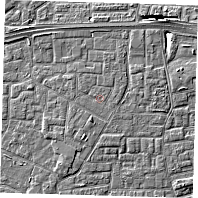 Shaded relief map of the ground around E161PD, computed from Environment Agency LiDAR. The ground here sits at about 2 m above sea level and falls 10 m across the surrounding 800 m. Surface water reaching this point runs off ground lying to the west-north-west, 0.6 m higher.