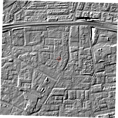 Shaded relief map of the ground around E161PE, computed from Environment Agency LiDAR. The ground here sits at about 2 m above sea level and falls 10 m across the surrounding 800 m. Surface water reaching this point runs off ground lying to the south-south-east, 0.5 m higher.